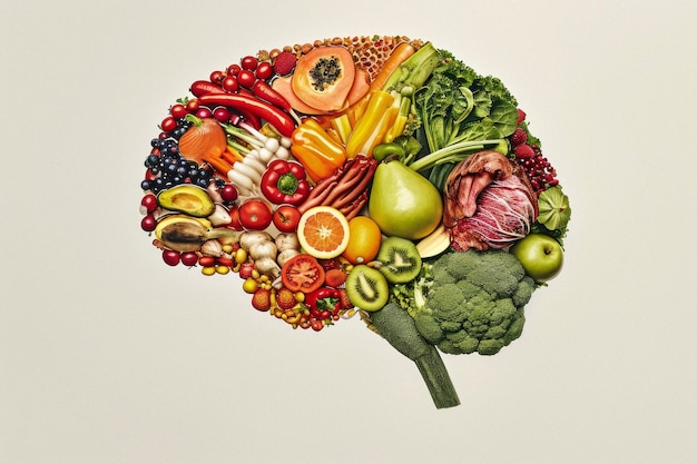 Brain health and nutrition concept with nuts, berries, and fish