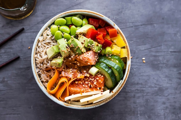 Colorful healthy meal bowls with protein and vegetables