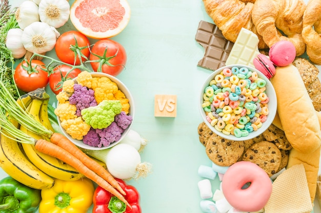 Side-by-side comparison of healthy whole foods and processed snacks