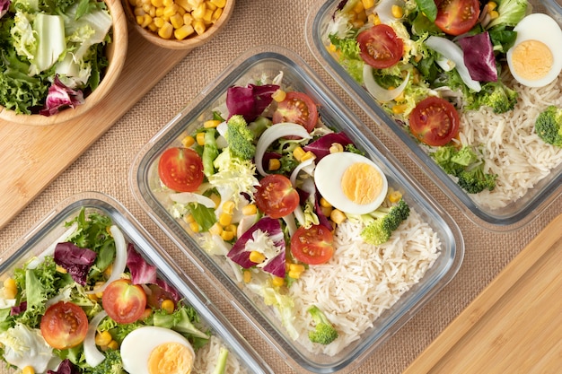 Three prepared meal prep containers with different recipes