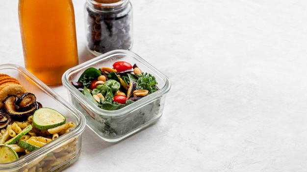 Fresh fruits and prepped meals in containers