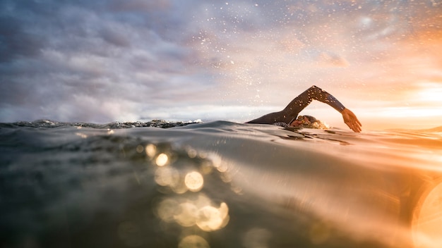 Swimmer doing laps in a pool at sunrise