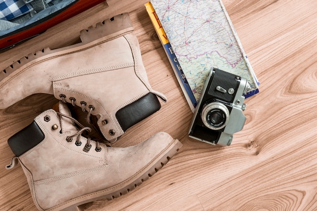 Comfortable travel shoes laid out