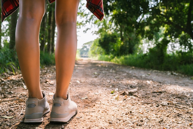 Person walking on a paved path through a park